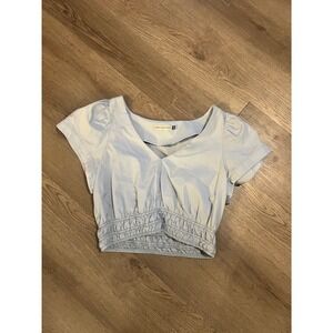 Amanda Laird Cherry Womens Light Blue Smocked Waist V-Neck Puff Crop Top 34